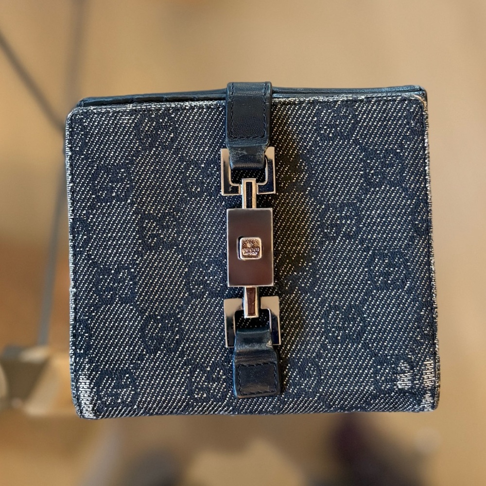 Gucci Jackie Demin Monogram Canvas Bifold Wallet with Vintage Piston Closure - Picture 2 of 13